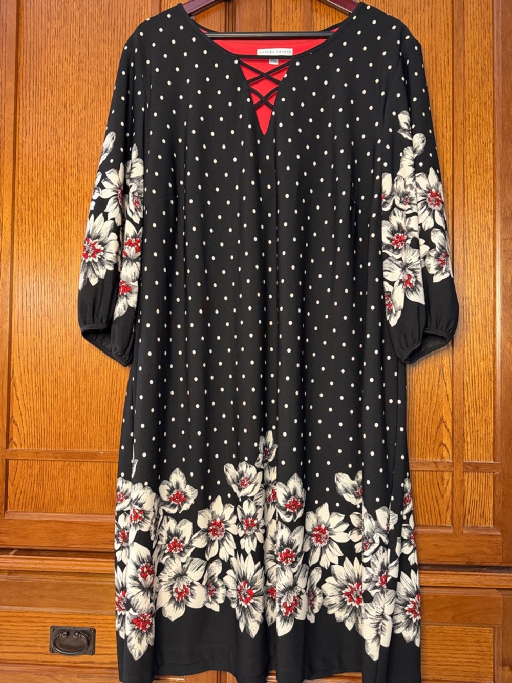 Sandra Darren Shift Midi Polka Dot Floral Lattice Neckline Dress Boho Classic